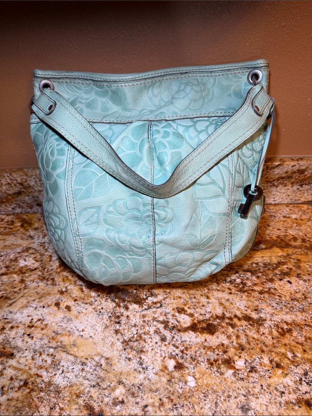 FOSSIL Women's Floral Embossed Leather Shoulder Bag - Mint